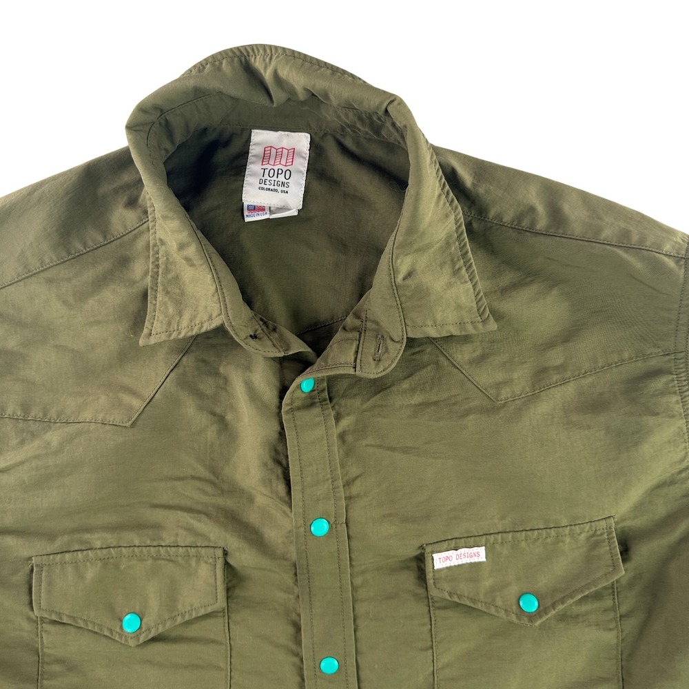 Topo Designs Western Snap Shirt Mens XL Olive Green Nylon Made in USA 10337